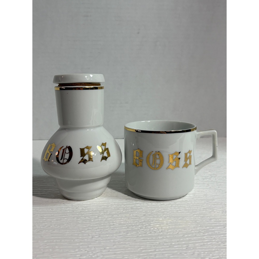 Vintage Price Import Japan Boss Decanter and Mug Set White Gold Ceramic S0120